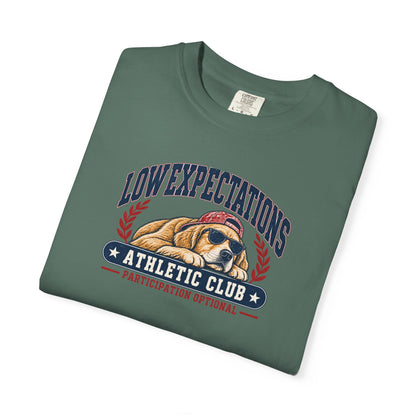 Low Expectations Athletic Club T-Shirt | Funny Retro Collegiate Dog Tee