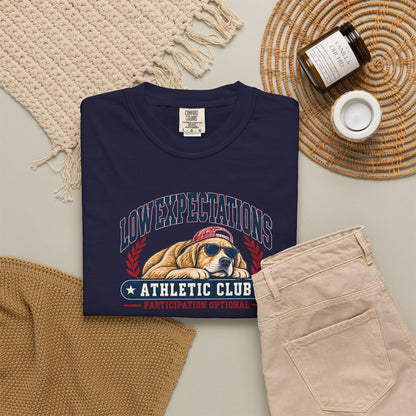 Low Expectations Athletic Club T-Shirt | Funny Retro Collegiate Dog Tee