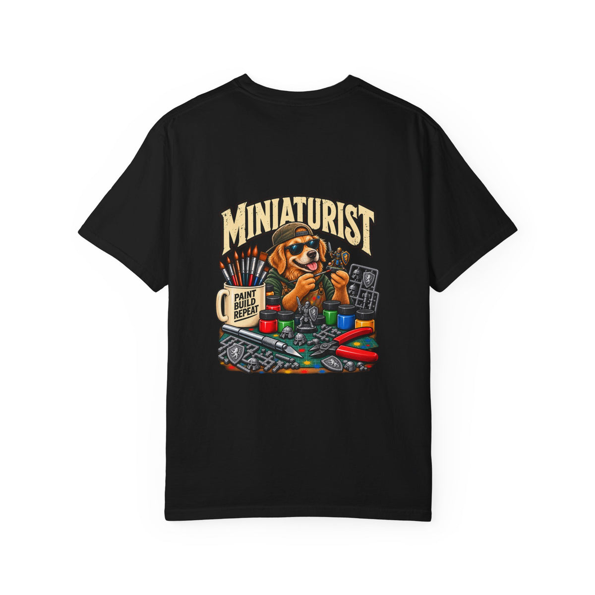 Miniaturist Dog Painter Paint Build Repeat T-Shirt | Miniature Painting Hobby Tee