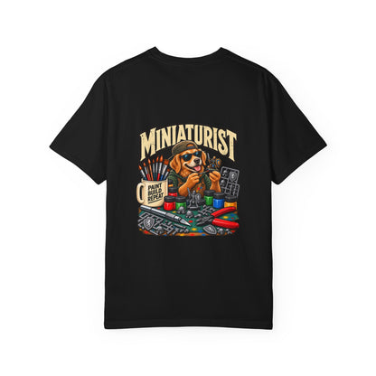 Miniaturist Dog Painter Paint Build Repeat T-Shirt | Miniature Painting Hobby Tee