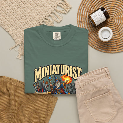 Miniaturist Wizard Paint Build Repeat T-Shirt | Miniature Painting Hobby Tee