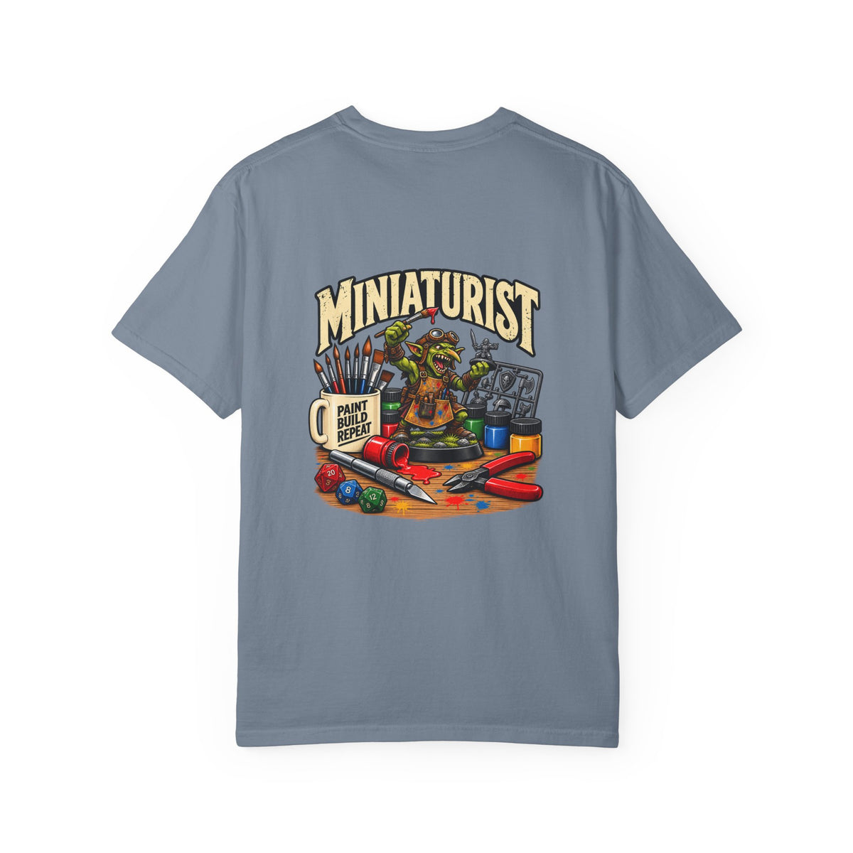 Miniaturist Goblin Paint Build Repeat T-Shirt | Miniature Painting Hobby Tee