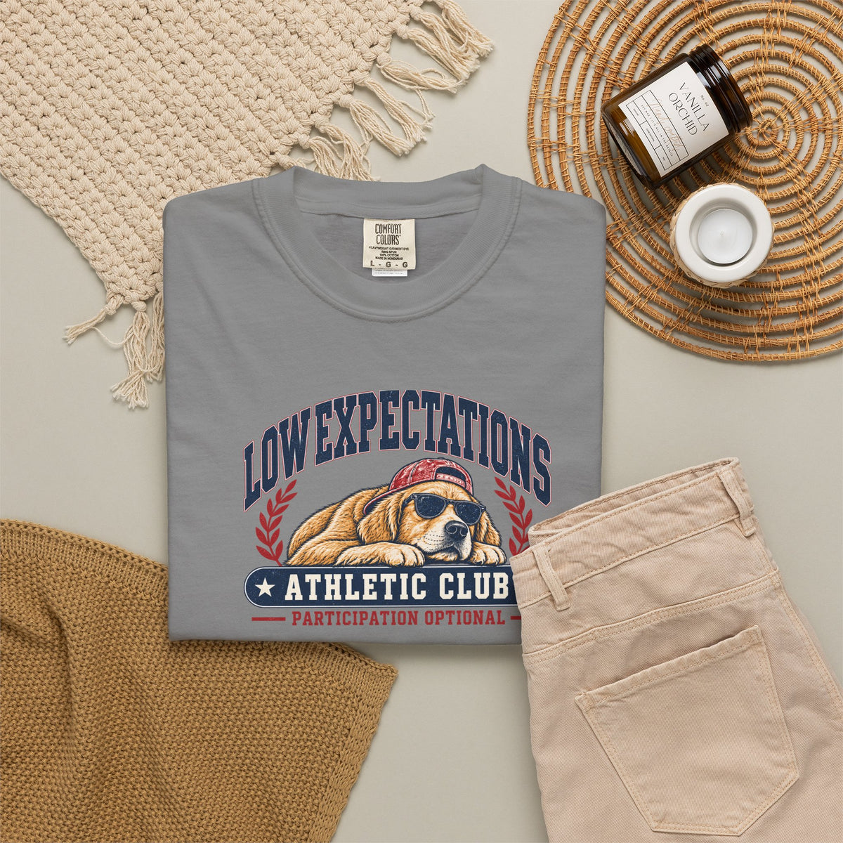 Low Expectations Athletic Club T-Shirt | Funny Retro Collegiate Dog Tee