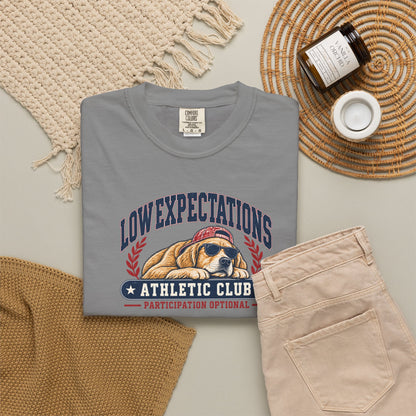 Low Expectations Athletic Club T-Shirt | Funny Retro Collegiate Dog Tee