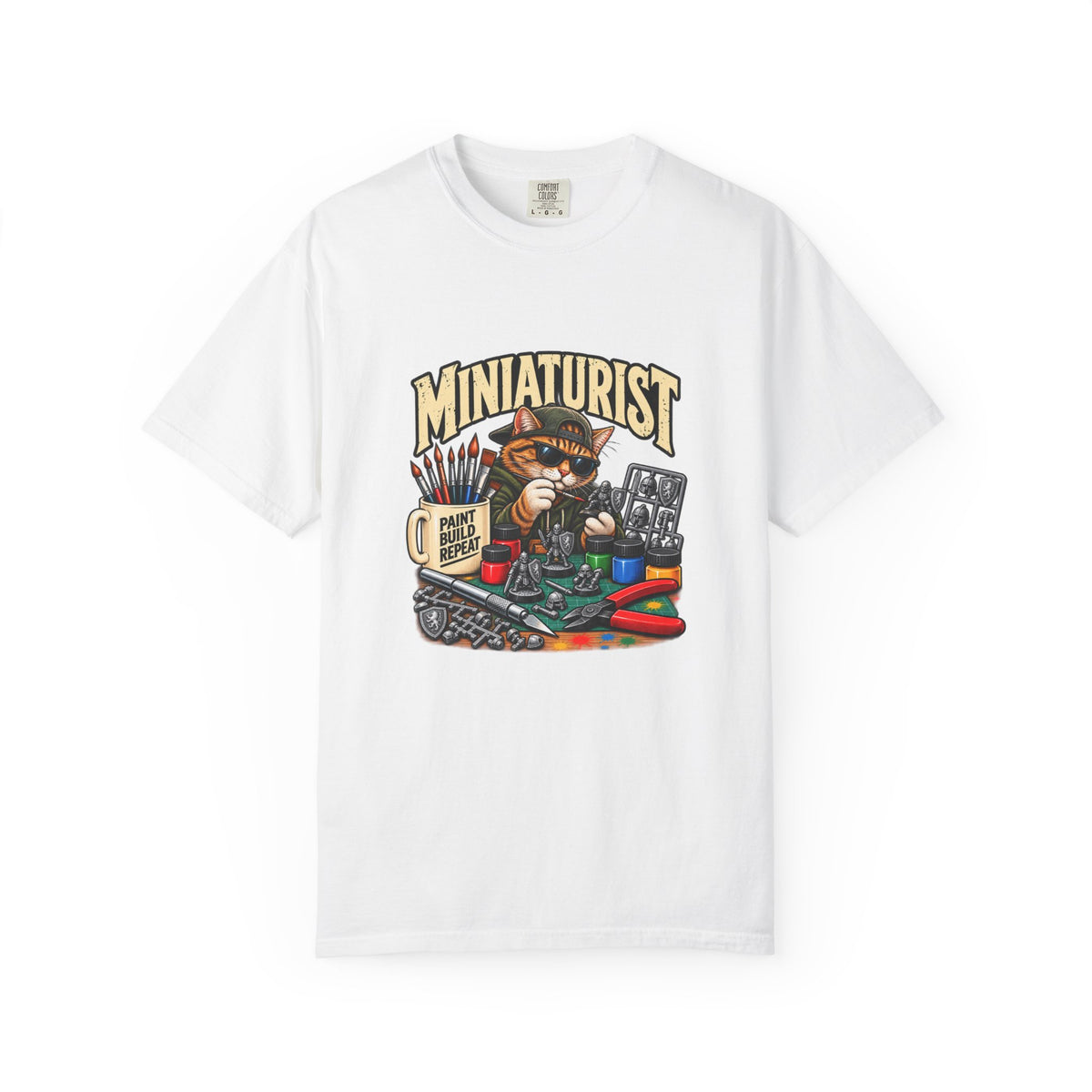 Miniaturist Cat Painter Paint Build Repeat T-Shirt | Miniature Painting Hobby Tee