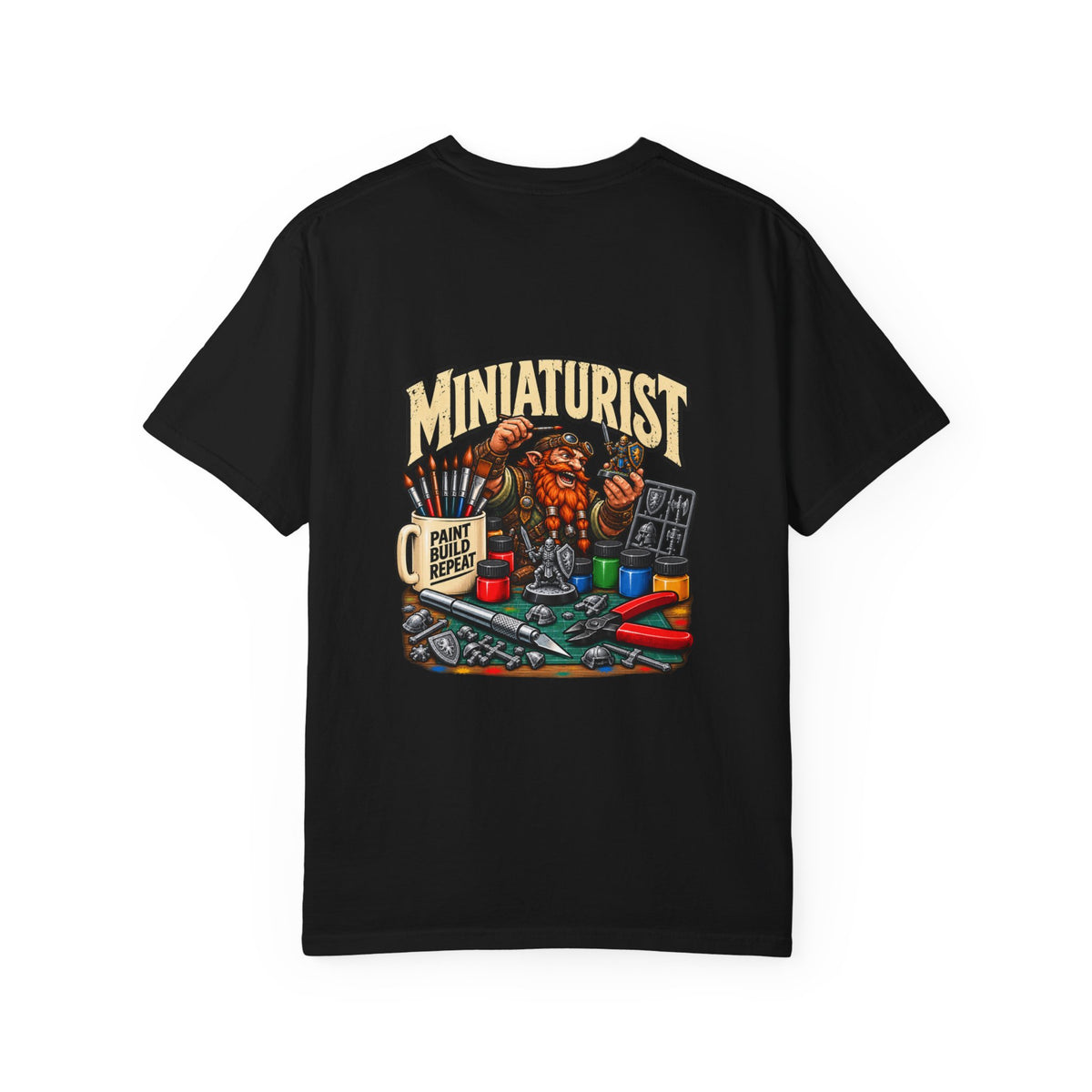 Miniaturist Dwarf Painter Paint Build Repeat T-Shirt | Miniature Painting Hobby Tee