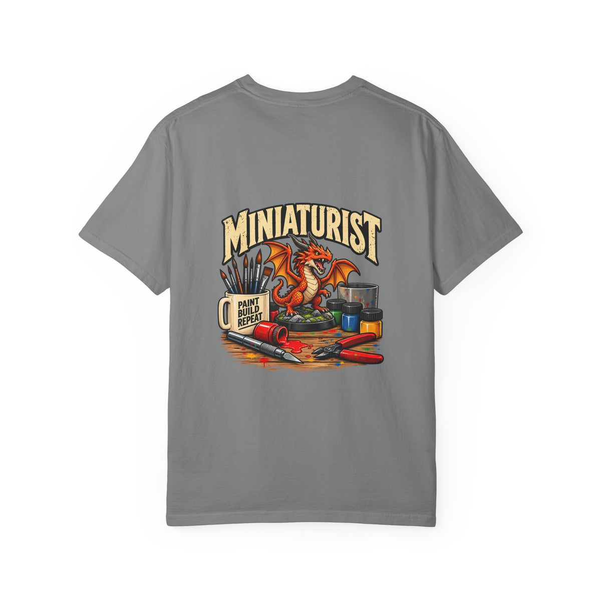 Miniaturist Dragon Paint Build Repeat T-Shirt | Miniature Painting Hobby Tee