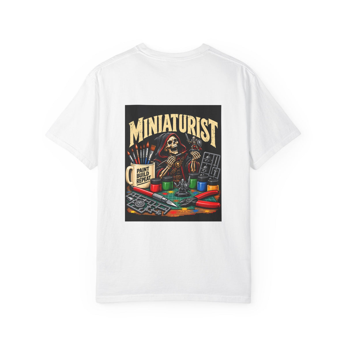Miniaturist Skeleton Paint Build Repeat T-Shirt | Miniature Painting Hobby Tee