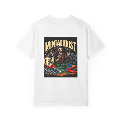 Miniaturist Skeleton Paint Build Repeat T-Shirt | Miniature Painting Hobby Tee