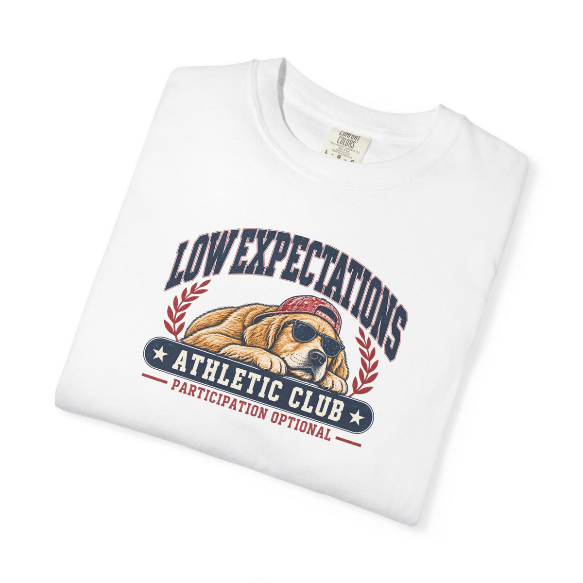 Low Expectations Athletic Club T-Shirt | Funny Retro Collegiate Dog Tee