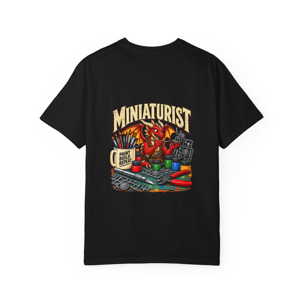 Miniaturist Dragon Painter Paint Build Repeat T-Shirt | Miniature Painting Hobby Tee