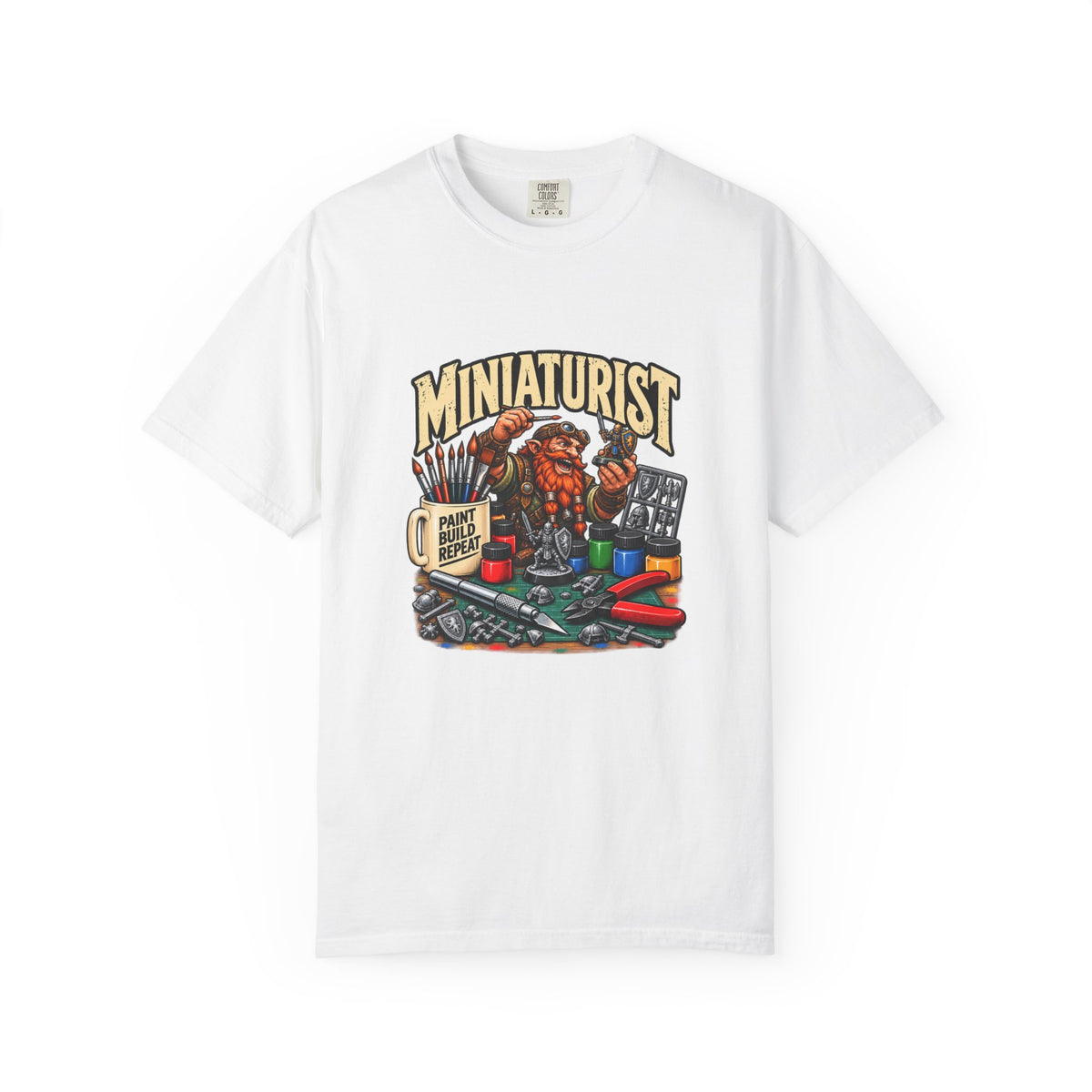 Miniaturist Dwarf Painter Paint Build Repeat T-Shirt | Miniature Painting Hobby Tee