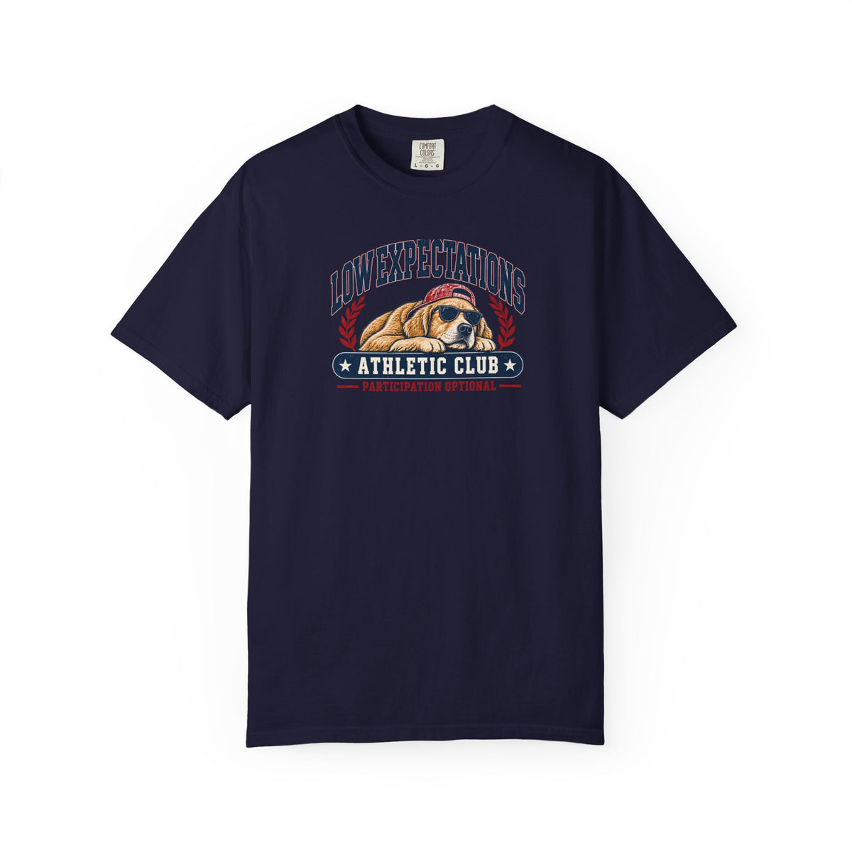 Low Expectations Athletic Club T-Shirt | Funny Retro Collegiate Dog Tee