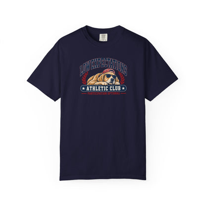 Low Expectations Athletic Club T-Shirt | Funny Retro Collegiate Dog Tee