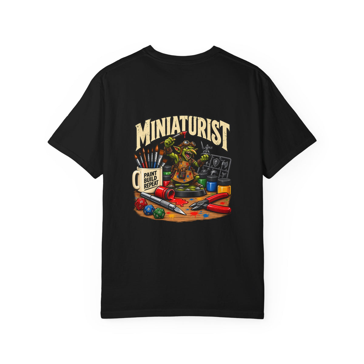 Miniaturist Goblin Paint Build Repeat T-Shirt | Miniature Painting Hobby Tee