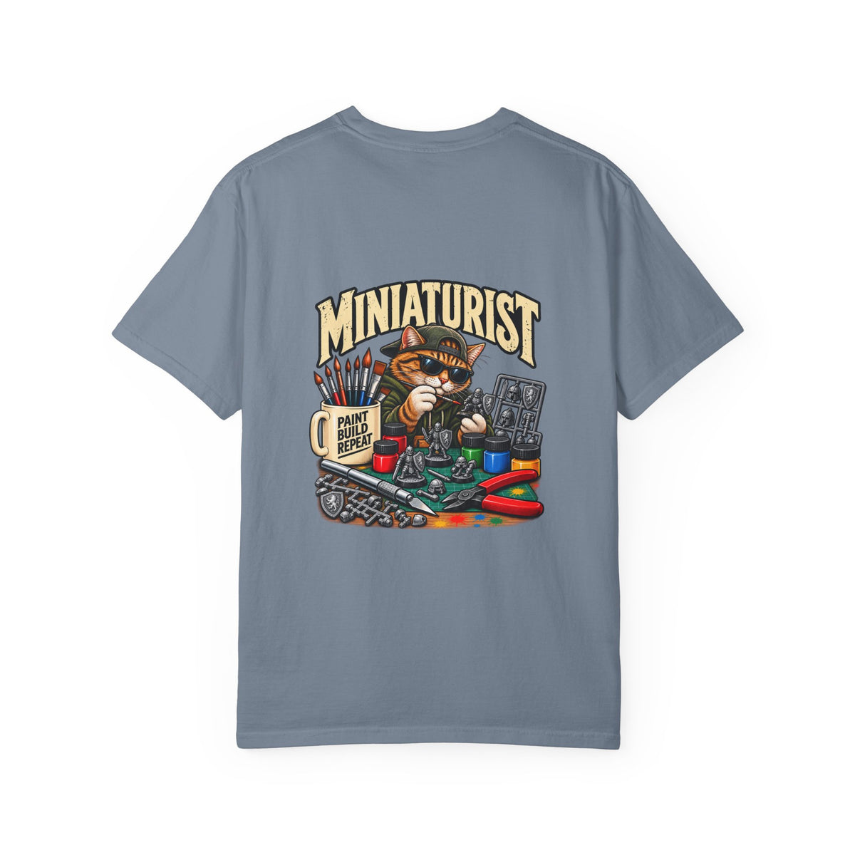 Miniaturist Cat Painter Paint Build Repeat T-Shirt | Miniature Painting Hobby Tee