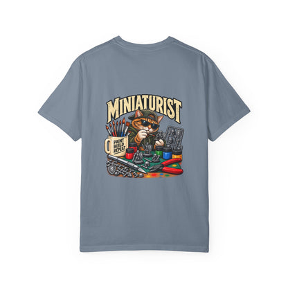 Miniaturist Cat Painter Paint Build Repeat T-Shirt | Miniature Painting Hobby Tee