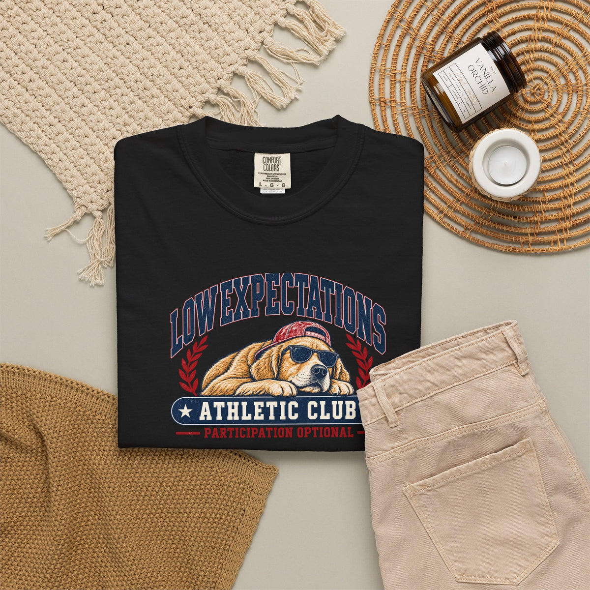 Low Expectations Athletic Club T-Shirt | Funny Retro Collegiate Dog Tee
