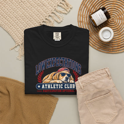 Low Expectations Athletic Club T-Shirt | Funny Retro Collegiate Dog Tee