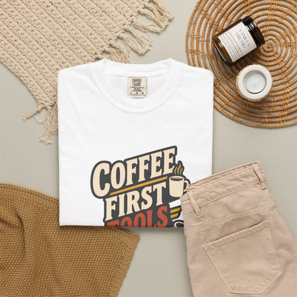 COFFEE FIRST TOOLS SECOND T-Shirt | Retro Workshop Tee