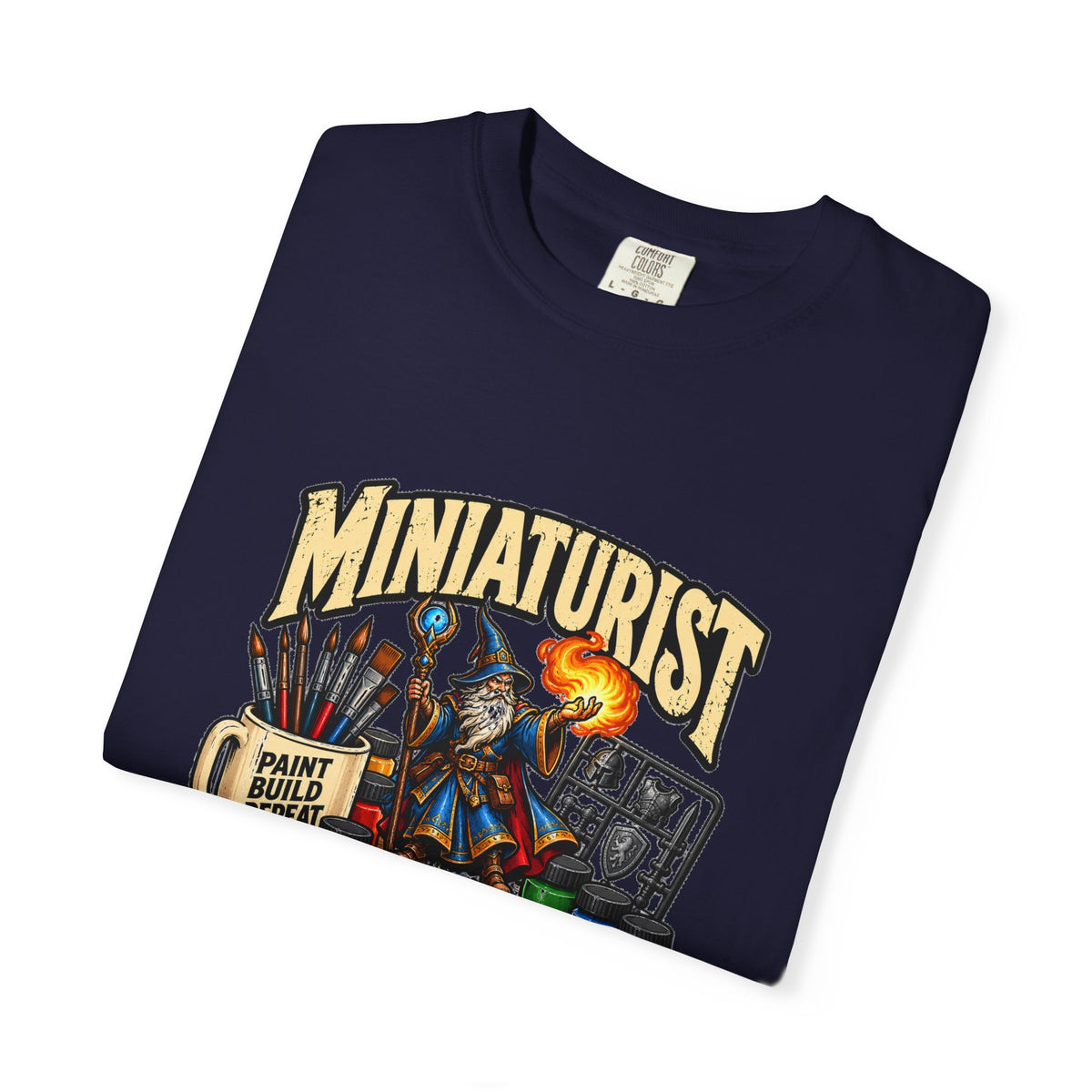 Miniaturist Wizard Paint Build Repeat T-Shirt | Miniature Painting Hobby Tee