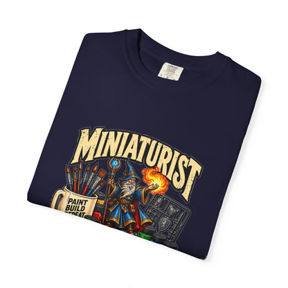 Miniaturist Wizard Paint Build Repeat T-Shirt | Miniature Painting Hobby Tee
