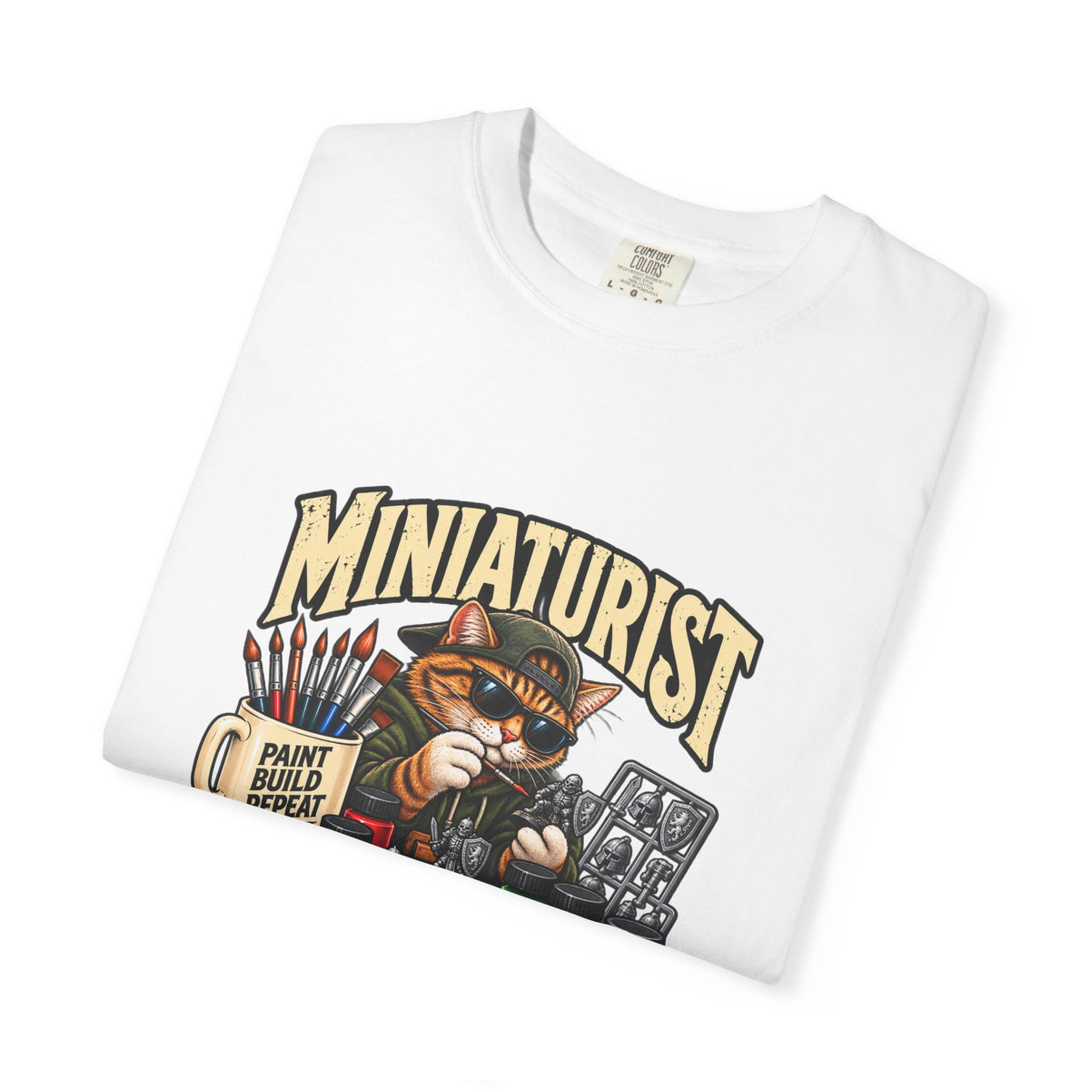 Miniaturist Cat Painter Paint Build Repeat T-Shirt | Miniature Painting Hobby Tee