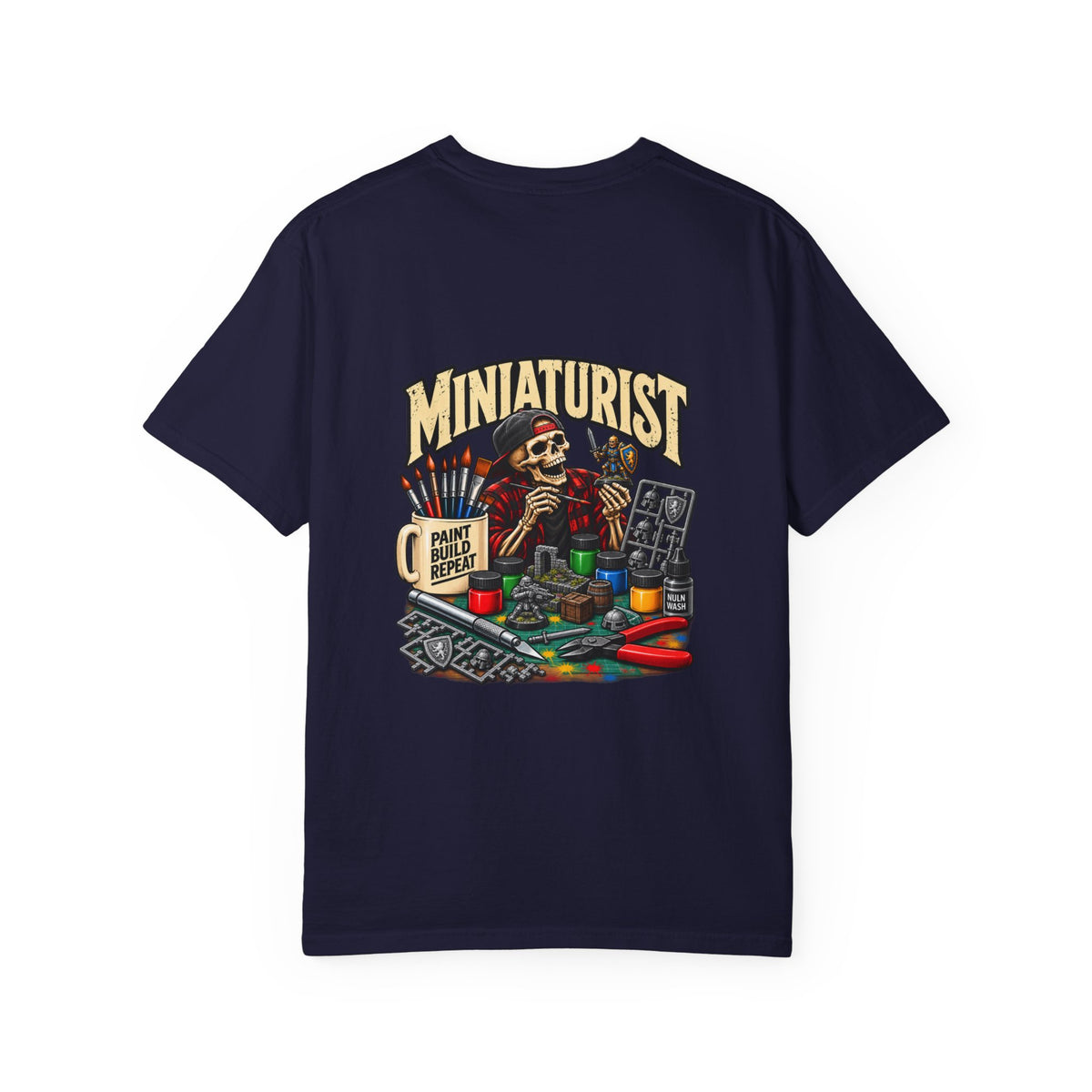 Miniaturist Skeleton Painter Paint Build Repeat T-Shirt | Miniature Painting Hobby Tee