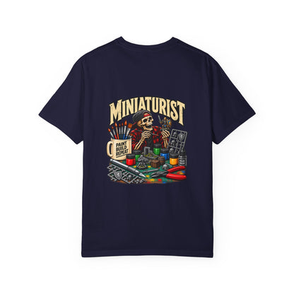 Miniaturist Skeleton Painter Paint Build Repeat T-Shirt | Miniature Painting Hobby Tee