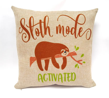 Sloth Mode Activated Pillow 15" Faux Burlap by Flood City Fabrications