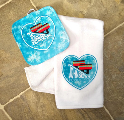 Johnstown, PA Inclined Plane Winter Towel and Potholder Set by Flood City Fabrications