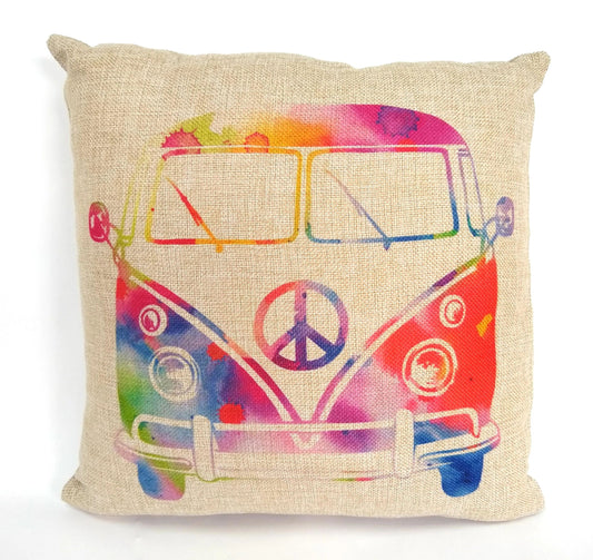 Hippy Bus Peace sign Tie-dye Pillow by Flood City Fabrications